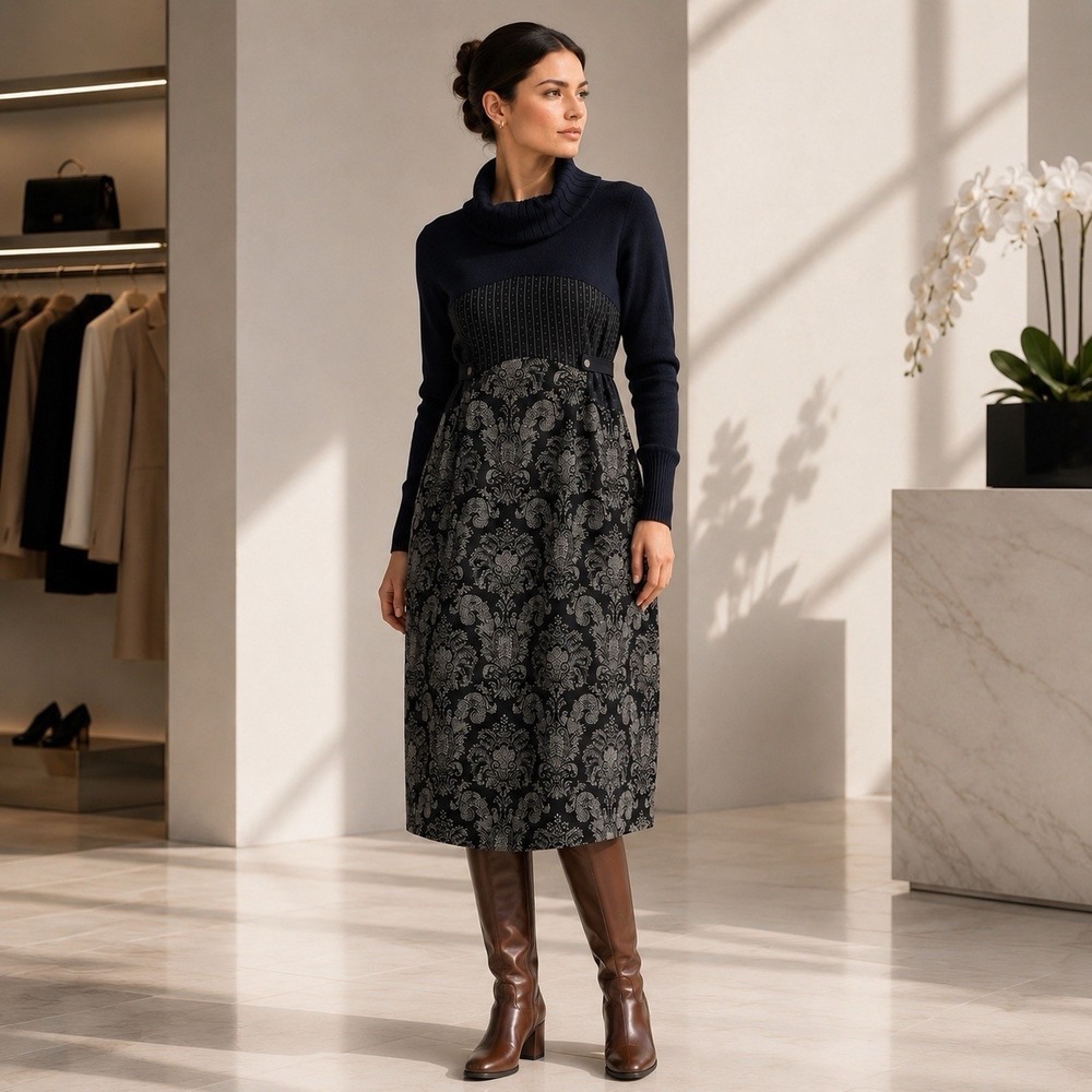 Isola Marras Midi Sweater Dress S Black Long Sleeve Classic Elegance Old Money